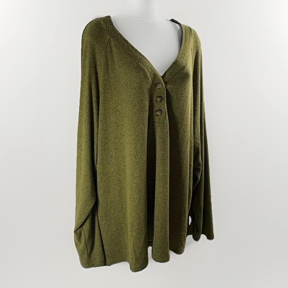 St. John's Bay Woman 3X Green Knit Henley Long Sleeve Top Plus Size